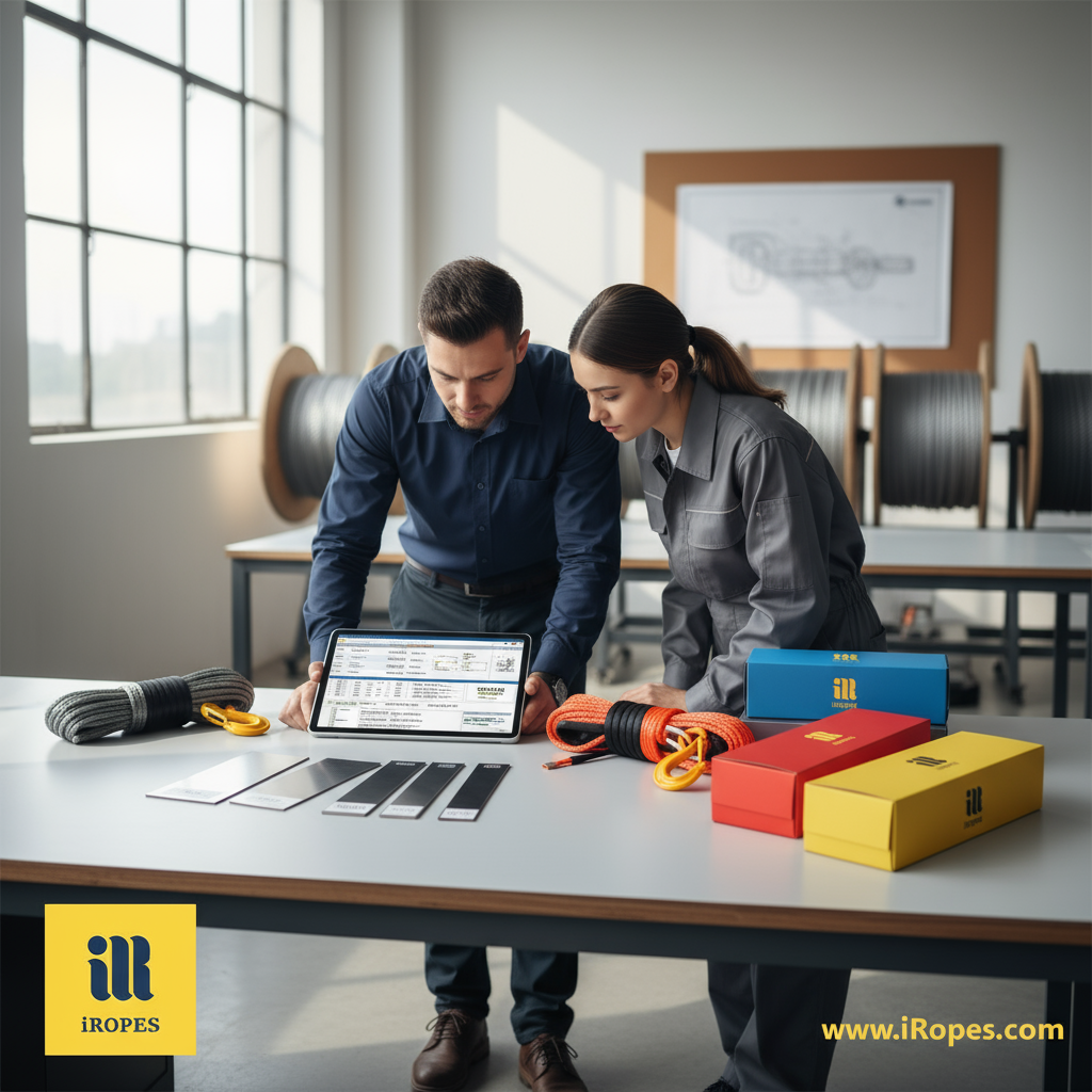 Engineers reviewing custom rope specifications on a tablet, with swatches of steel grades and colour‑coded packaging options displayed beside them.