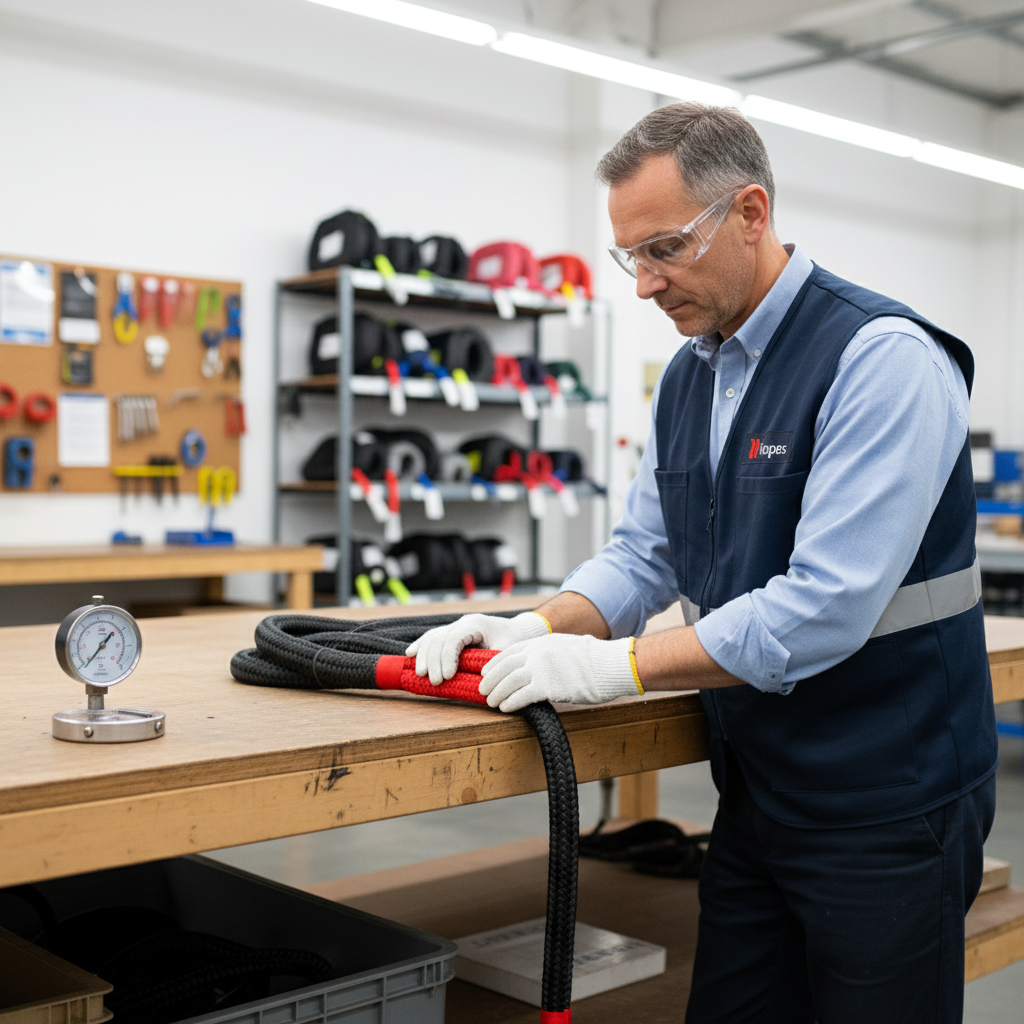 Technician inspecting a double-braided polyester rope after a wire pull, showing clean fibers and proper storage