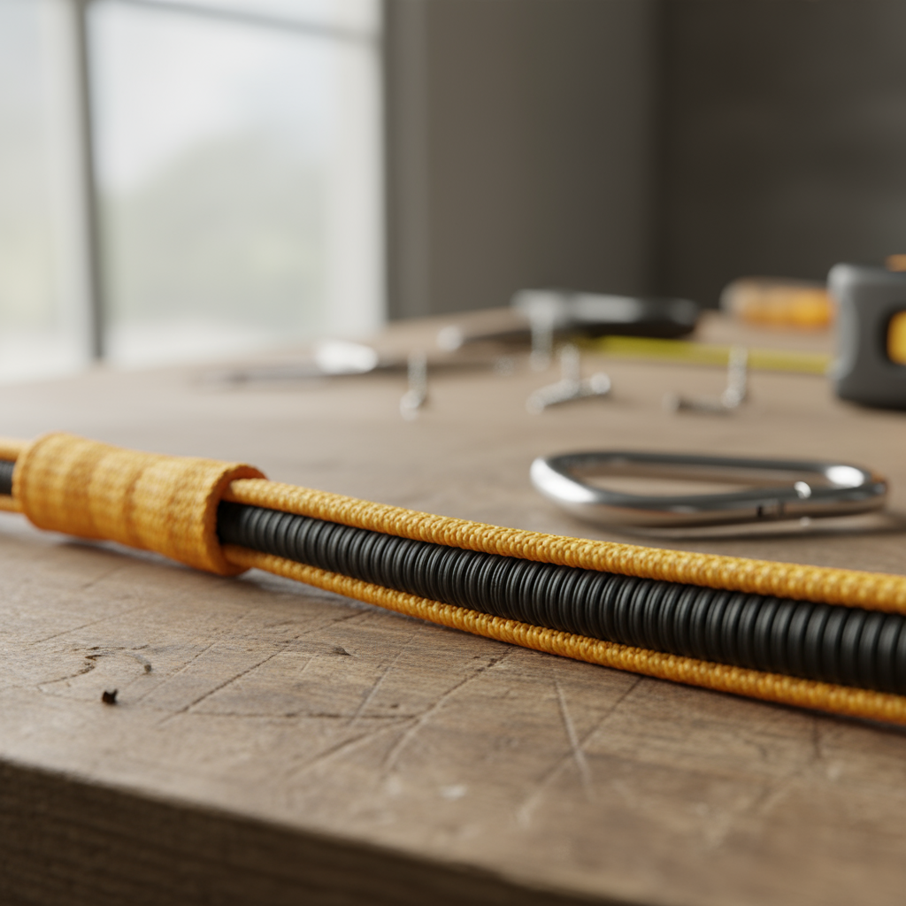 Close-up view of an elastic bungee cord showing rubber core strands encased in a woven nylon sheath