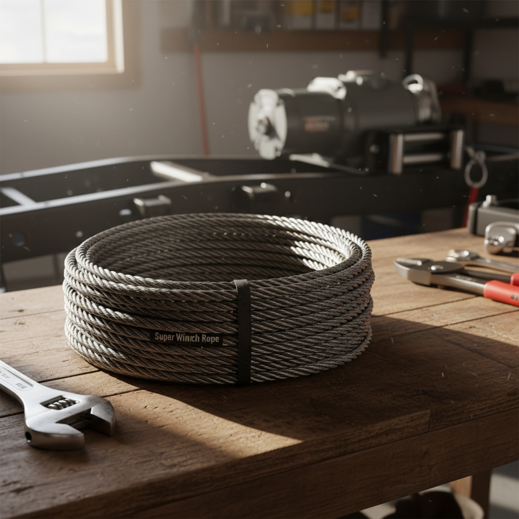 Coiled steel wire rope displaying the classic twisted construction used in traditional winch systems