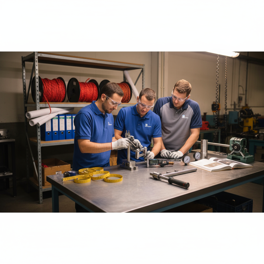 iRopes engineering team assembling a custom stainless-steel rope stopper clamp on a workbench, with torque wrench and calibrated measuring tools visible