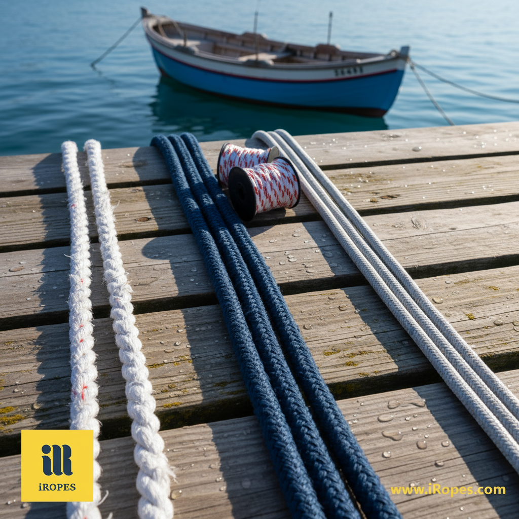 Close-up of three types of marine rope: three‑strand nylon, double‑braided nylon, and HMPE Dyneema on a dock