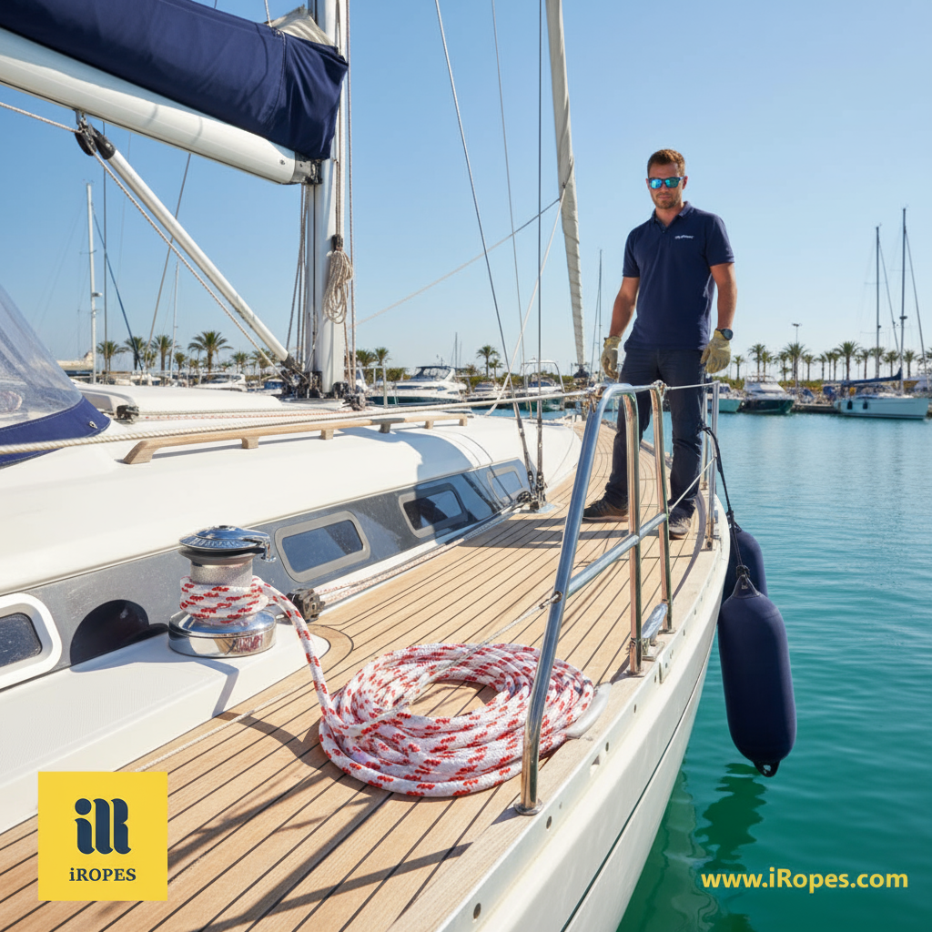 Electric windlass pulling double‑braided nylon anchor winch rope onto a yacht deck, highlighting smooth sheath and low‑stretch core