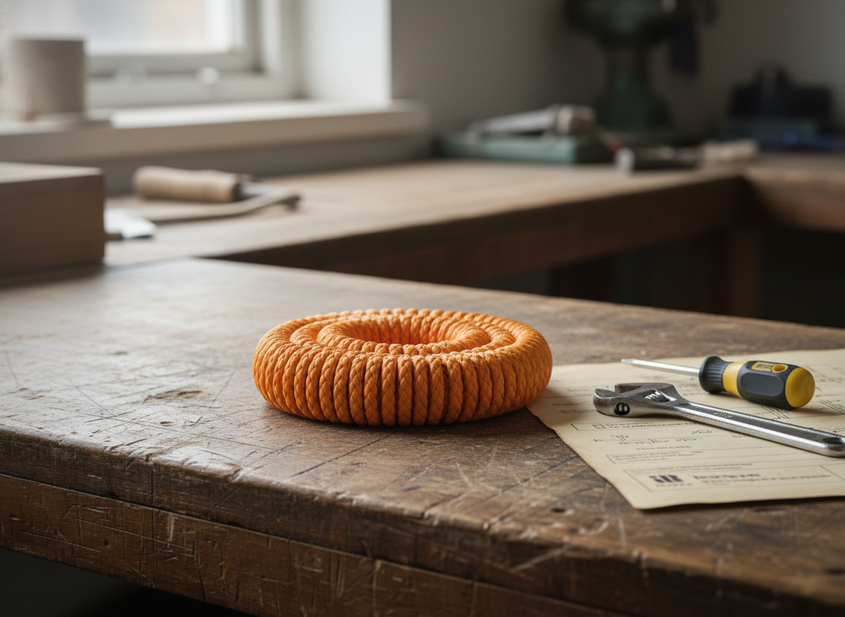 Coiled 1-inch polyester rope on a workshop bench, showing the tight braid and a bright orange colour for easy identification