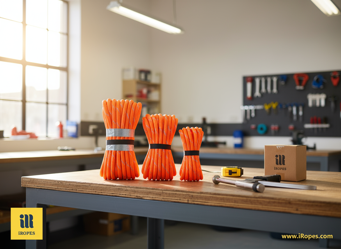 Custom 2-inch polyester rope in bright orange with reflective strip, shown beside 1.5-inch and 1-inch coils in a workshop