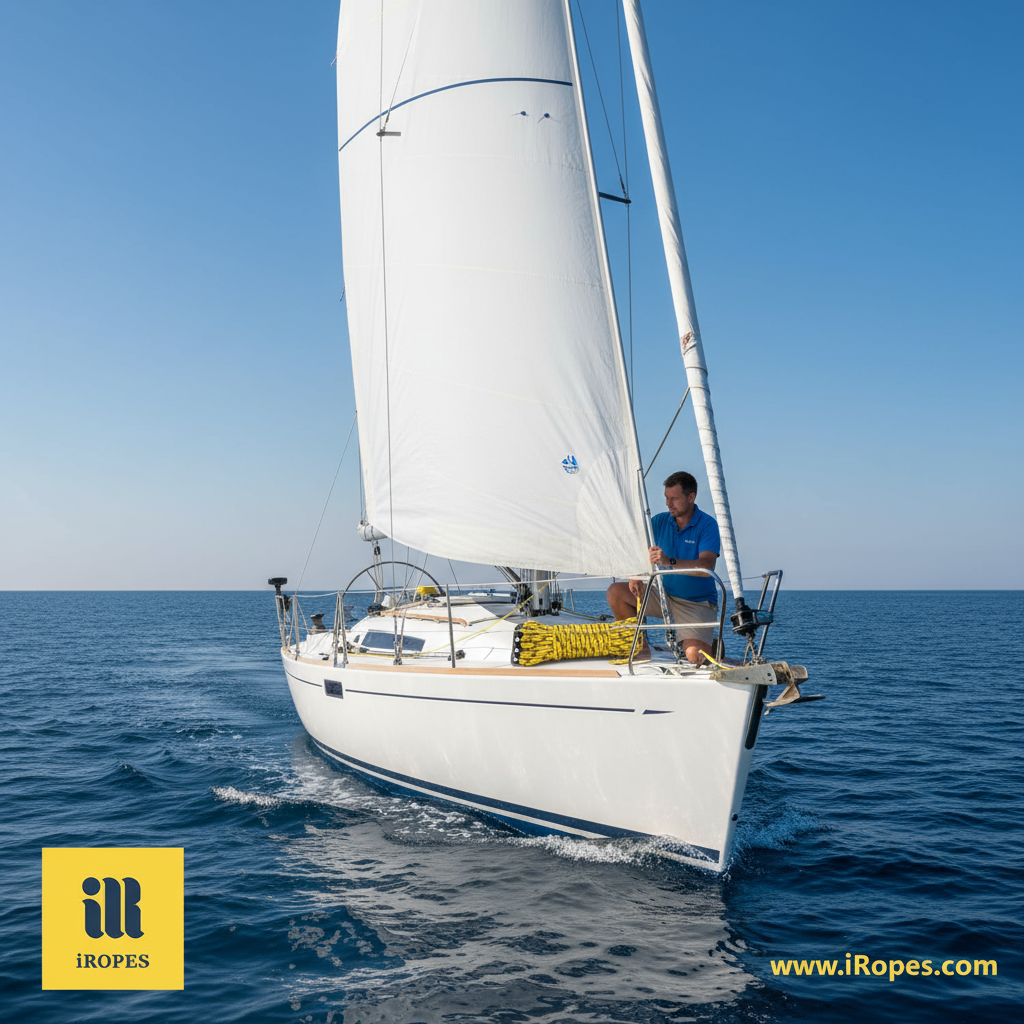 Polyester double braid rope being used as a halyard on a sleek sailing yacht, bright blue sky, white hull, rope coiled on deck