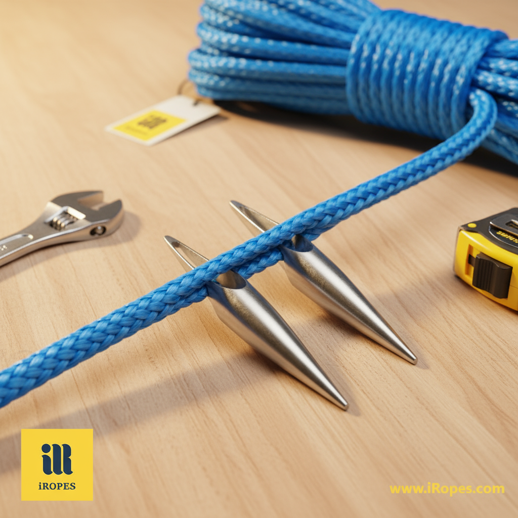 不鏽鋼纜錐特寫，打開合成繩的股線，旁邊有鋁製纜錐作比較