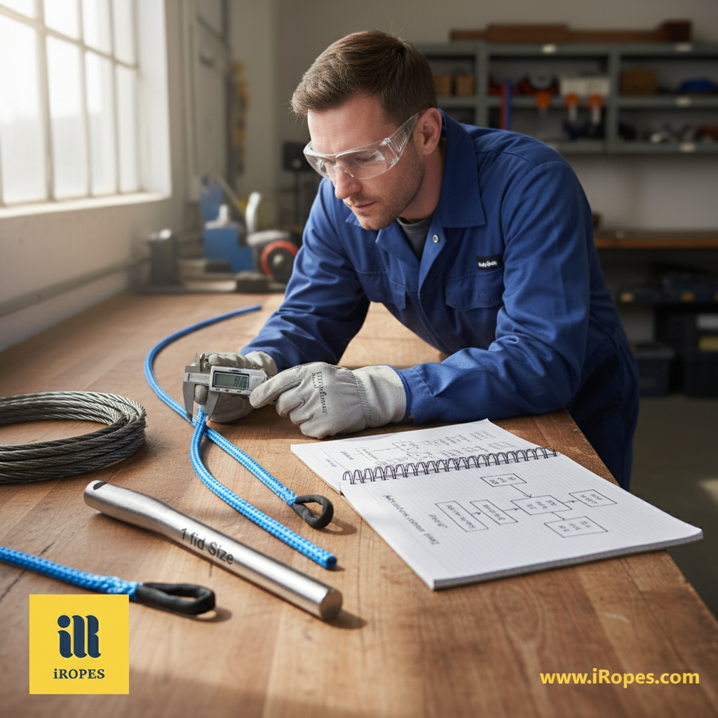 示意圖顯示繩徑測量與對應的 1 纜錐尺寸（線材與管狀）