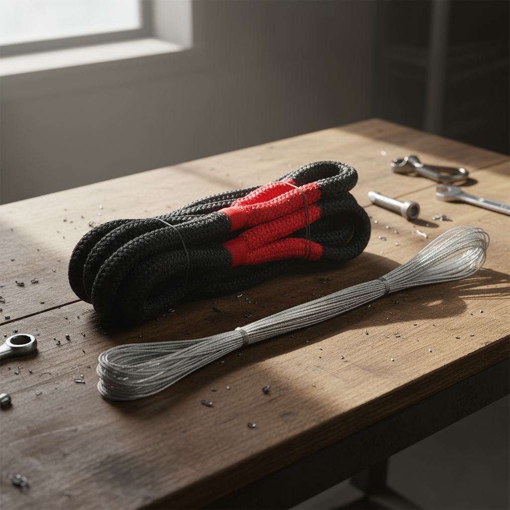 Close‑up de fibras ultra‑leves de HMPE ao lado de uma corda de nylon mais espessa, destacando a textura elegante e tecida do Dyneema
