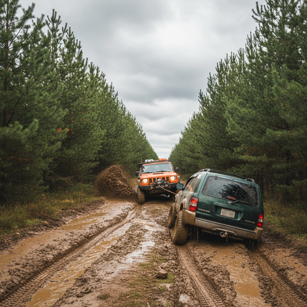 Corda de nylon esticada em cena de recuperação off‑road enlameada, mostrando sua elasticidade enquanto um veículo é puxado