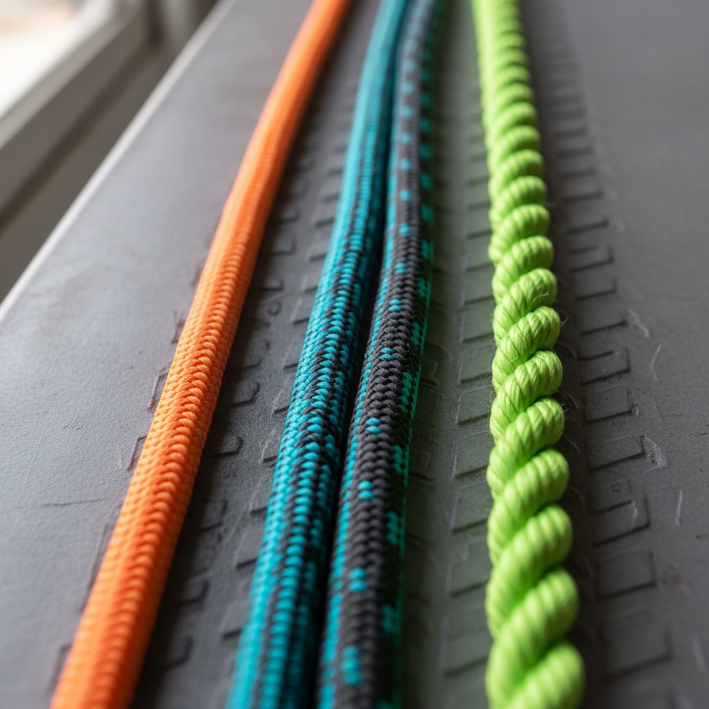 Três construções de corda de nylon exibidas lado a lado: uma trama sólida lisa, uma dupla trama com bainha protetora e uma corda de três fios torcidos, cada uma em cores contrastantes para comparação visual clara