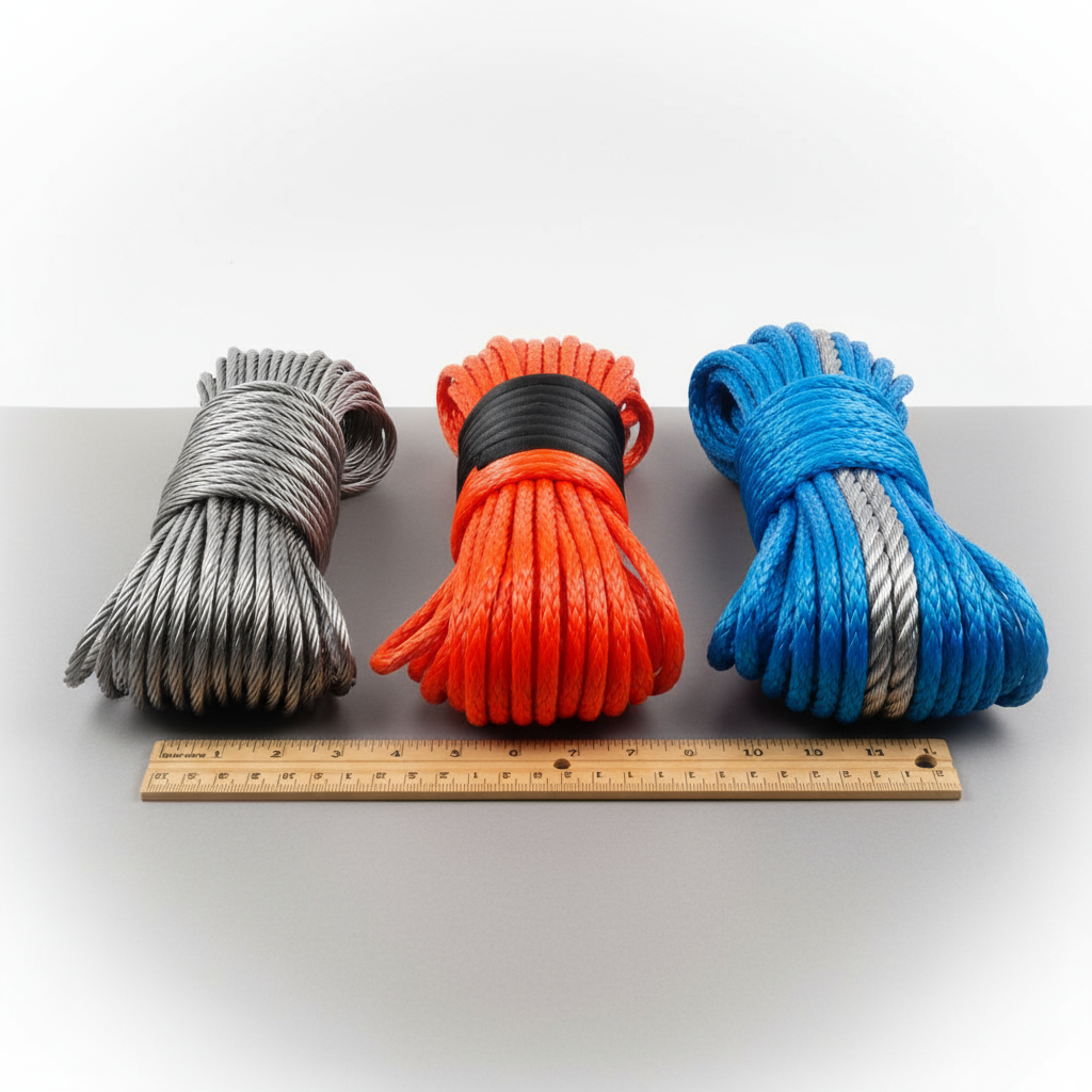 Ulinganisho wa kamba za waya za chuma, kamba za nyuzi za synthetic, na vifurushi vya kamba za hybrid kwenye mandharinyuma yasiyo na rangi