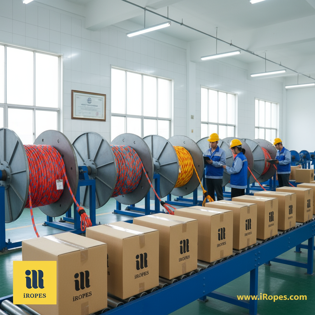 Ghorofa ya kiwanda inayoonyesha kamba maalum iliyopangwa kwa rula na nyuzi zenye rangi zilizopangwa pamoja na lebo za chapa tayari kwa upakaji