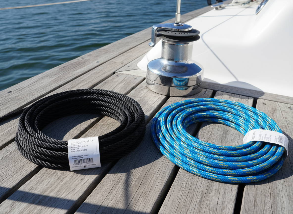 Side-by-side view of steel wire rope and bright blue UHMWPE synthetic rope for boat winch applications