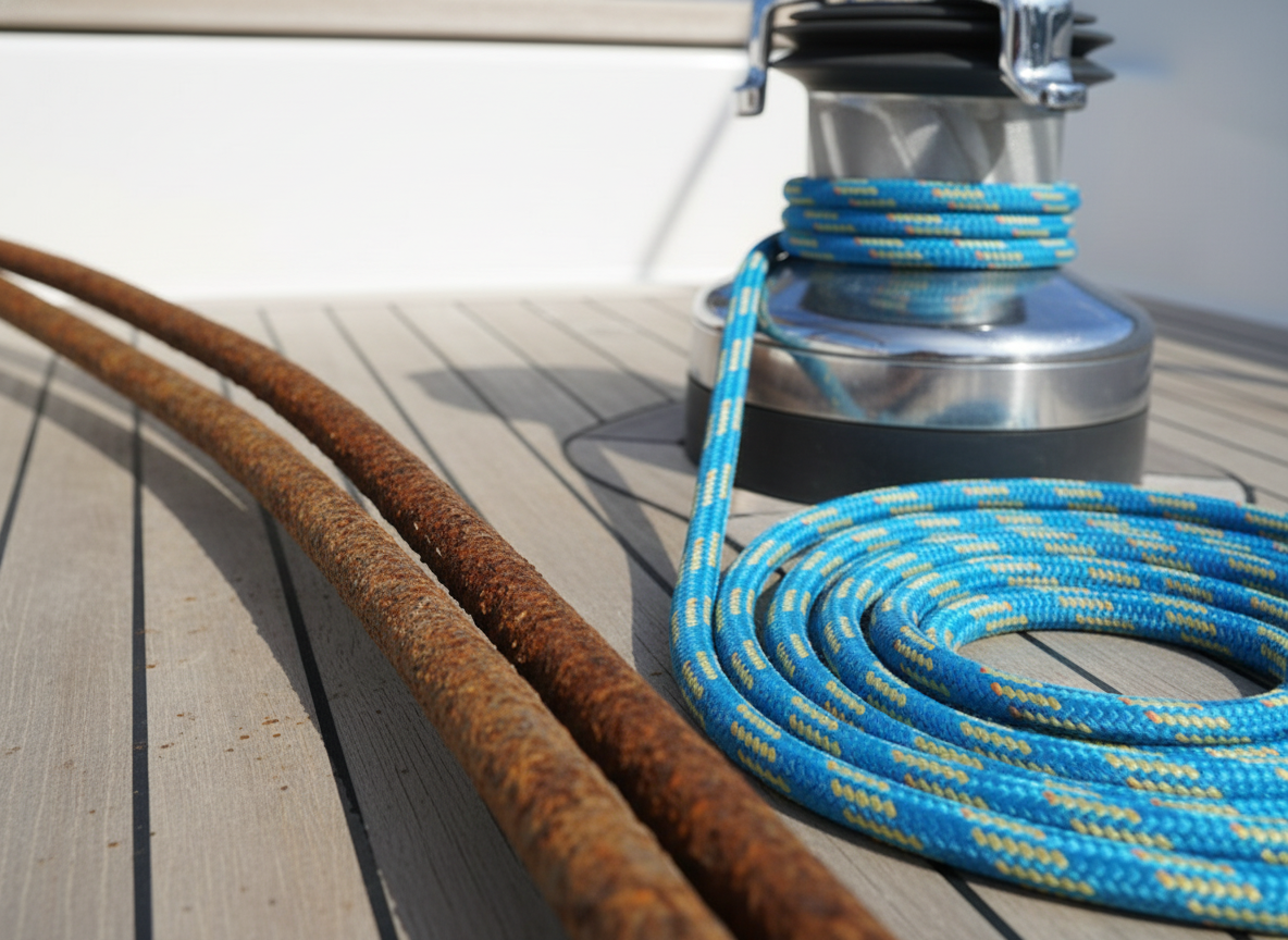 Close-up of a galvanized steel winch wire beside a bright blue UHMWPE rope, highlighting texture and colour contrast