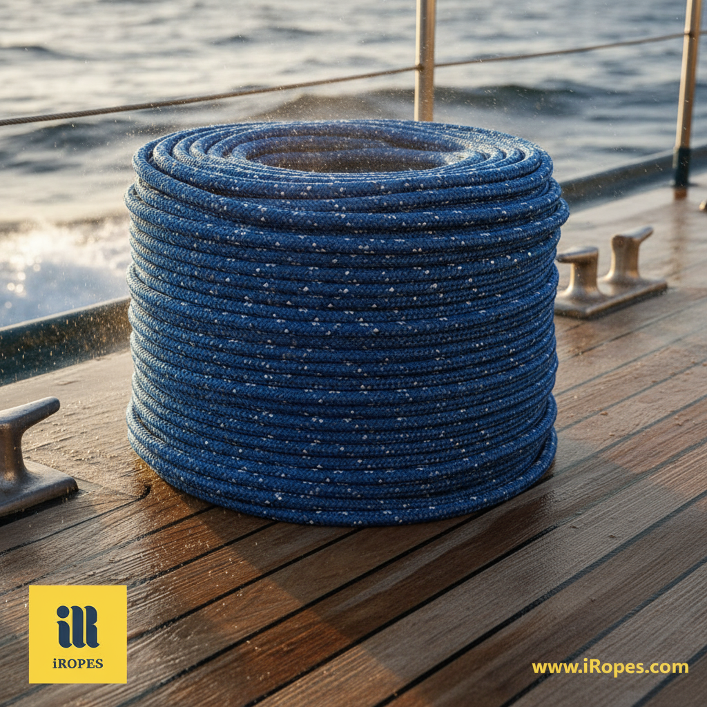 A close-up of a blue-dyed synthetic rope coiled on a ship deck, sunlight glinting off the fibers as waves crash nearby
