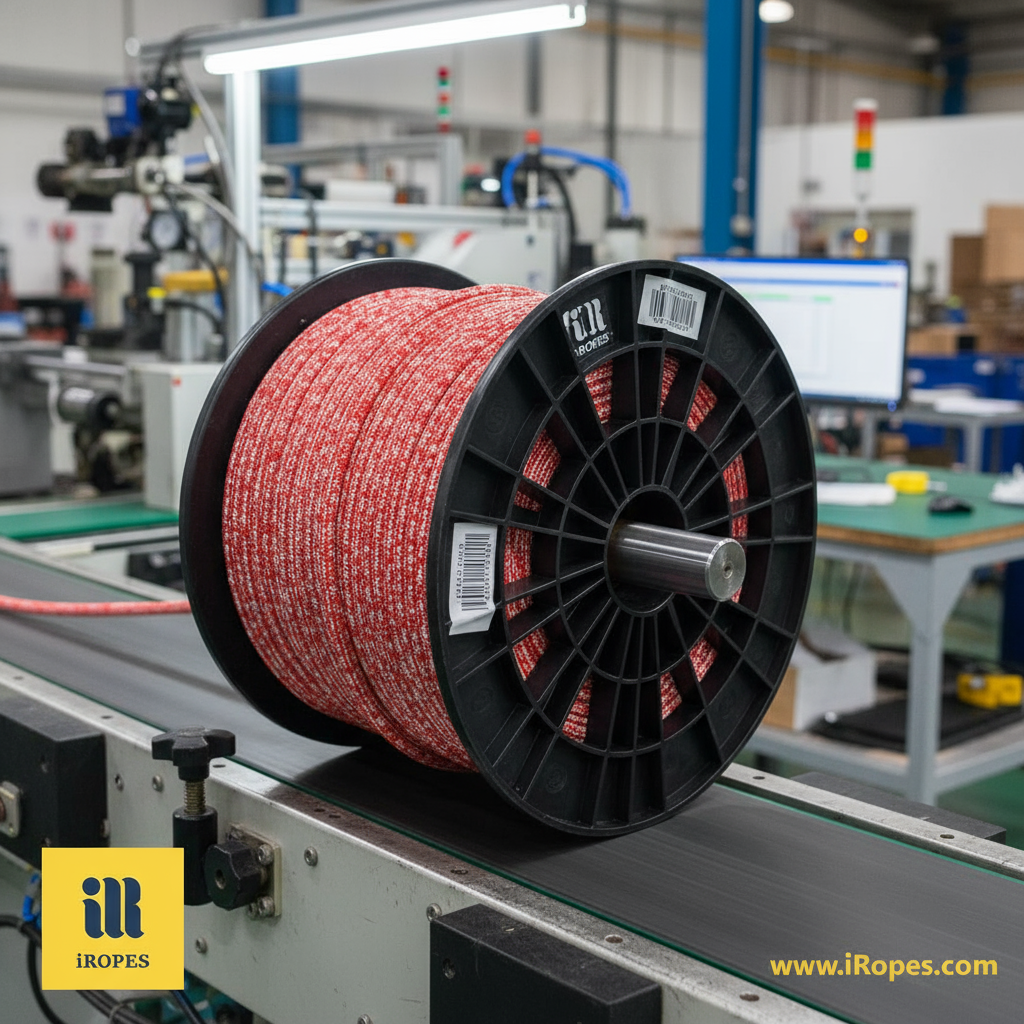 Close-up of a custom-coloured HMPE rope spooled on a production line, with barcode tags and brand logo visible