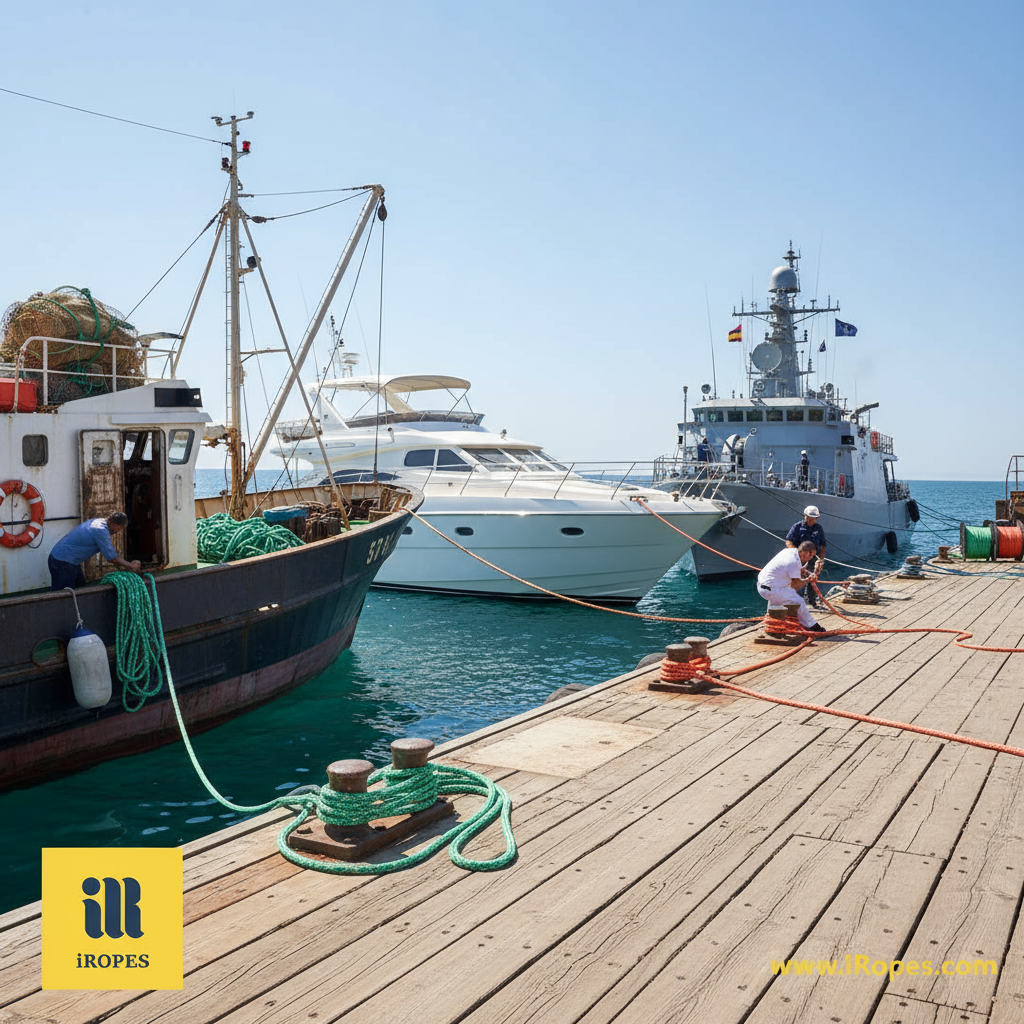 Rope applications across commercial fishing, yachting, defence, and industrial settings, showing colourful ropes on a dock and a naval vessel
