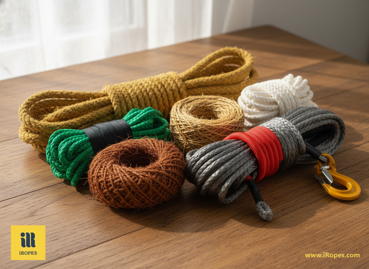 Assortment of natural fiber ropes made from Manila, sisal, jute, hemp, cotton, and coir displayed on a wooden surface