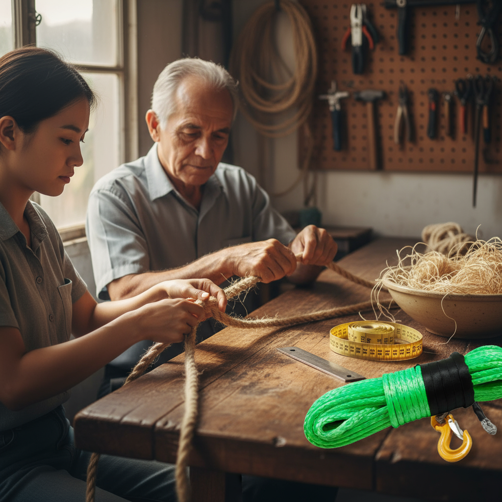 Close-up of artisans braiding natural fibers into a sturdy rope, showing interlaced strands of Manila and hemp on a workbench