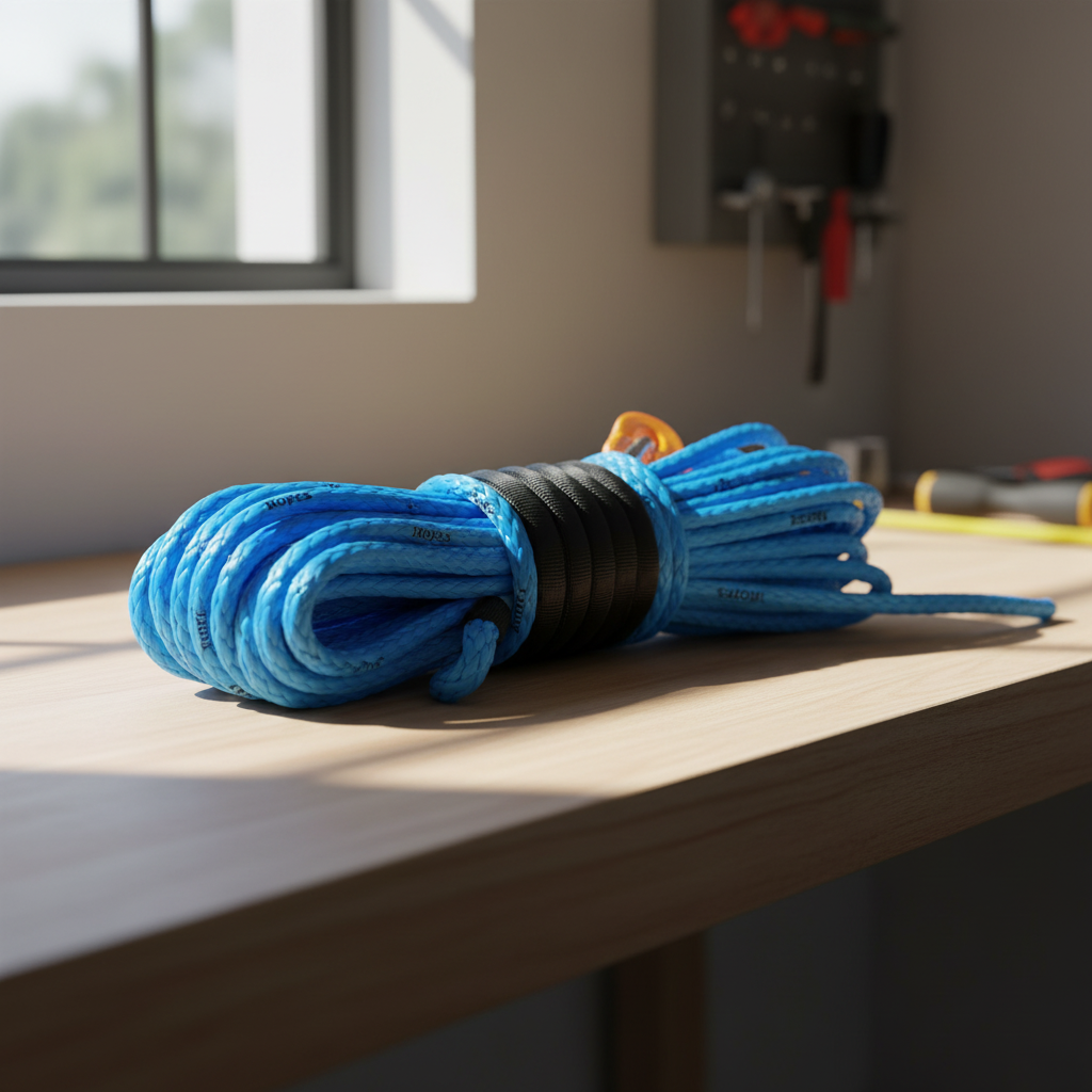Close-up of iRopes UHMWPE blue rope coil showing vivid uniform blue colour and smooth texture