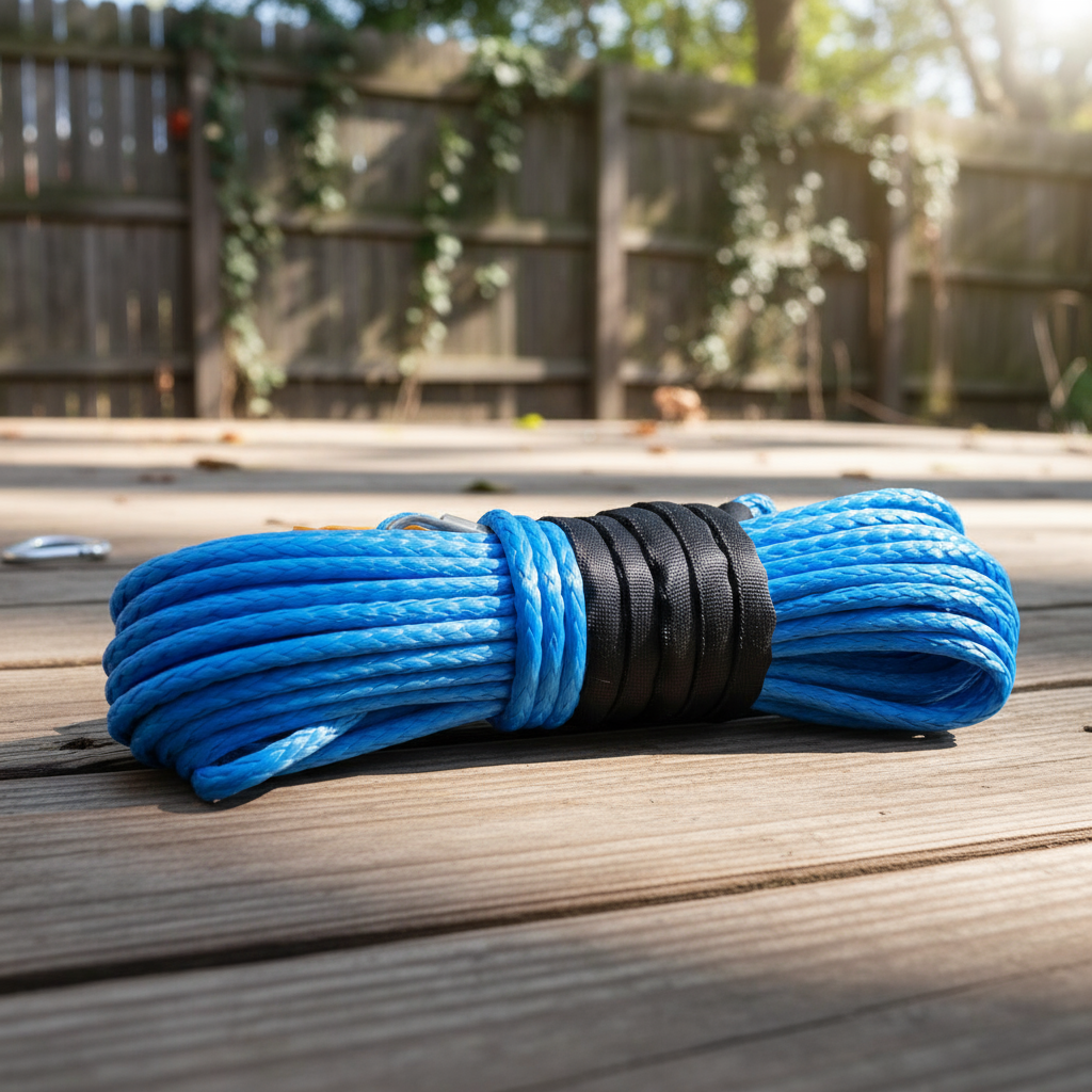 Close-up of a blue UHMWPE rope under sunlight, showing its smooth surface and vivid colour