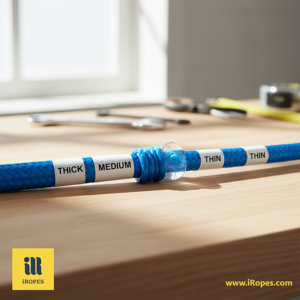 Close-up of a customized blue UHMWPE rope showing different diameters and a reflective splice