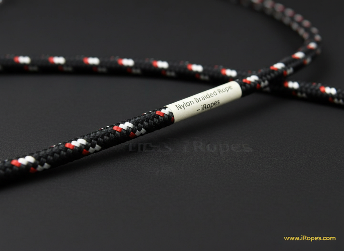 Close-up view of a single-braid nylon rope showing its smooth, torque‑free texture against a dark background