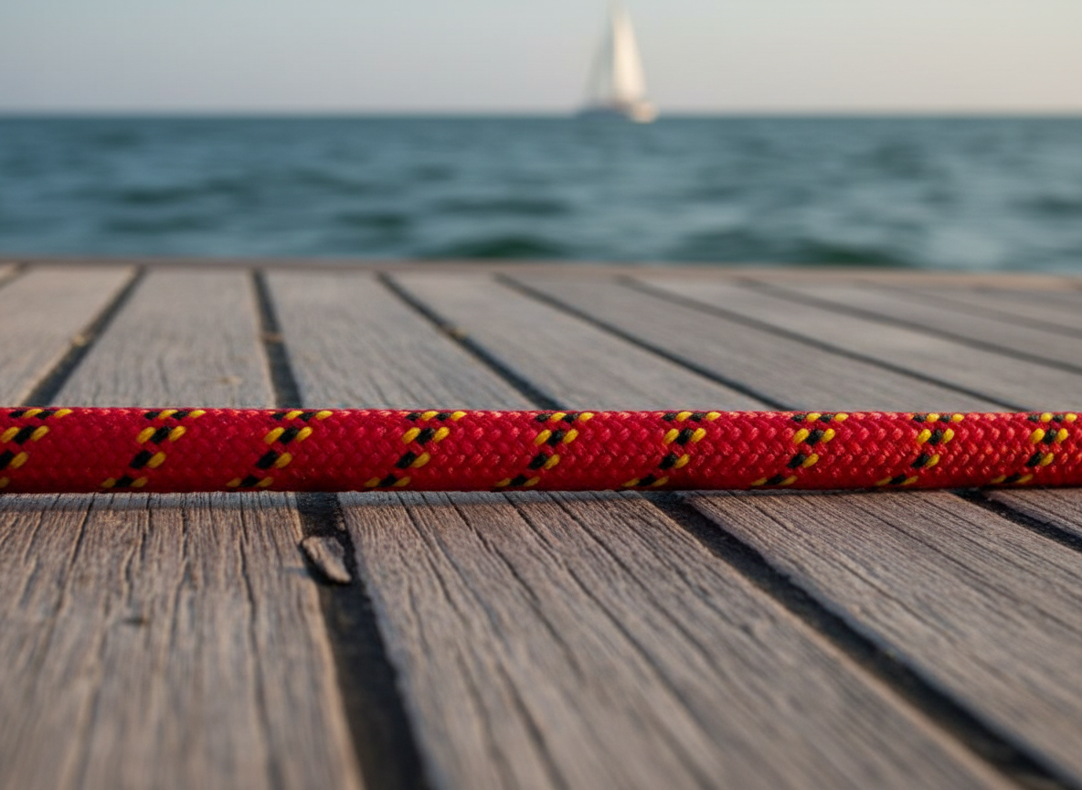 Close‑up of a marine‑grade nylon cord showing its glossy sheath and tightly woven fibres, highlighted against a blue ocean backdrop
