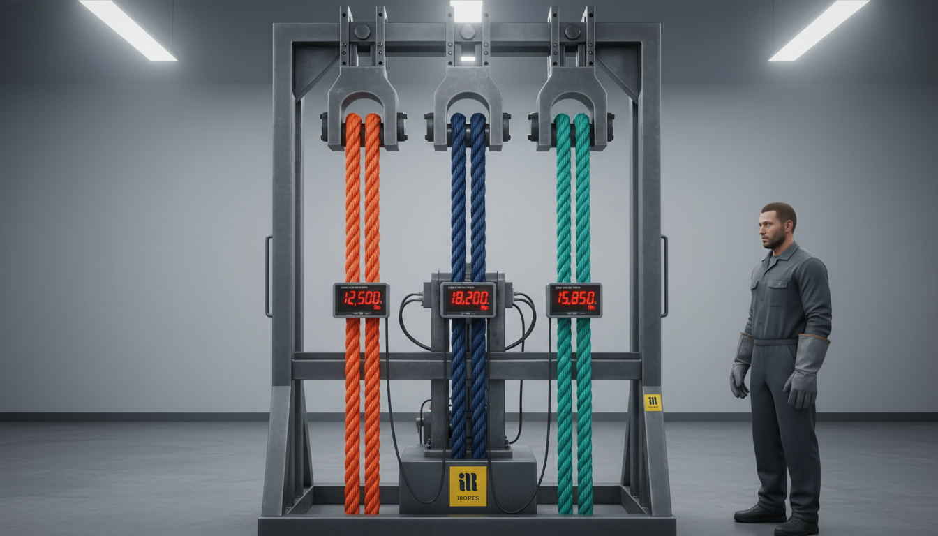 Side-by-side strength test showing a braided polypropylene rope, a nylon rope and a polyester rope being pulled until breakage, with load gauges indicating their respective breaking loads