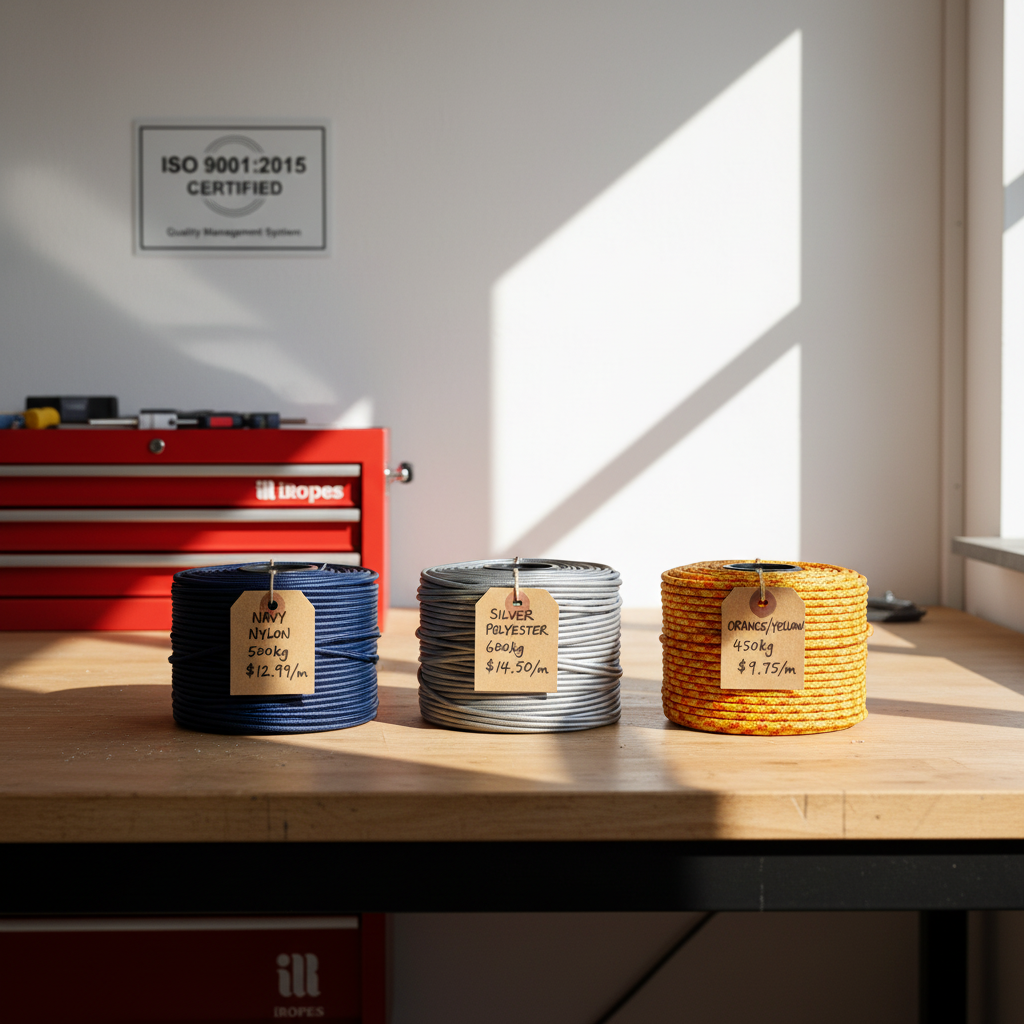 Comparison of nylon, polyester, and braided polypropylene ropes showing colour and braid differences