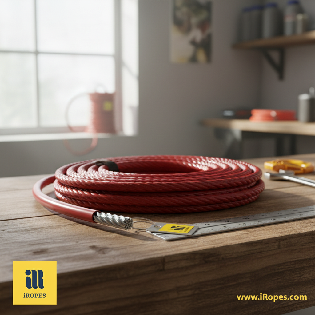 A close-up view of a coiled vinyl coated wire rope on a workbench, showing the smooth PVC jacket and a cut section that reveals the steel strands inside