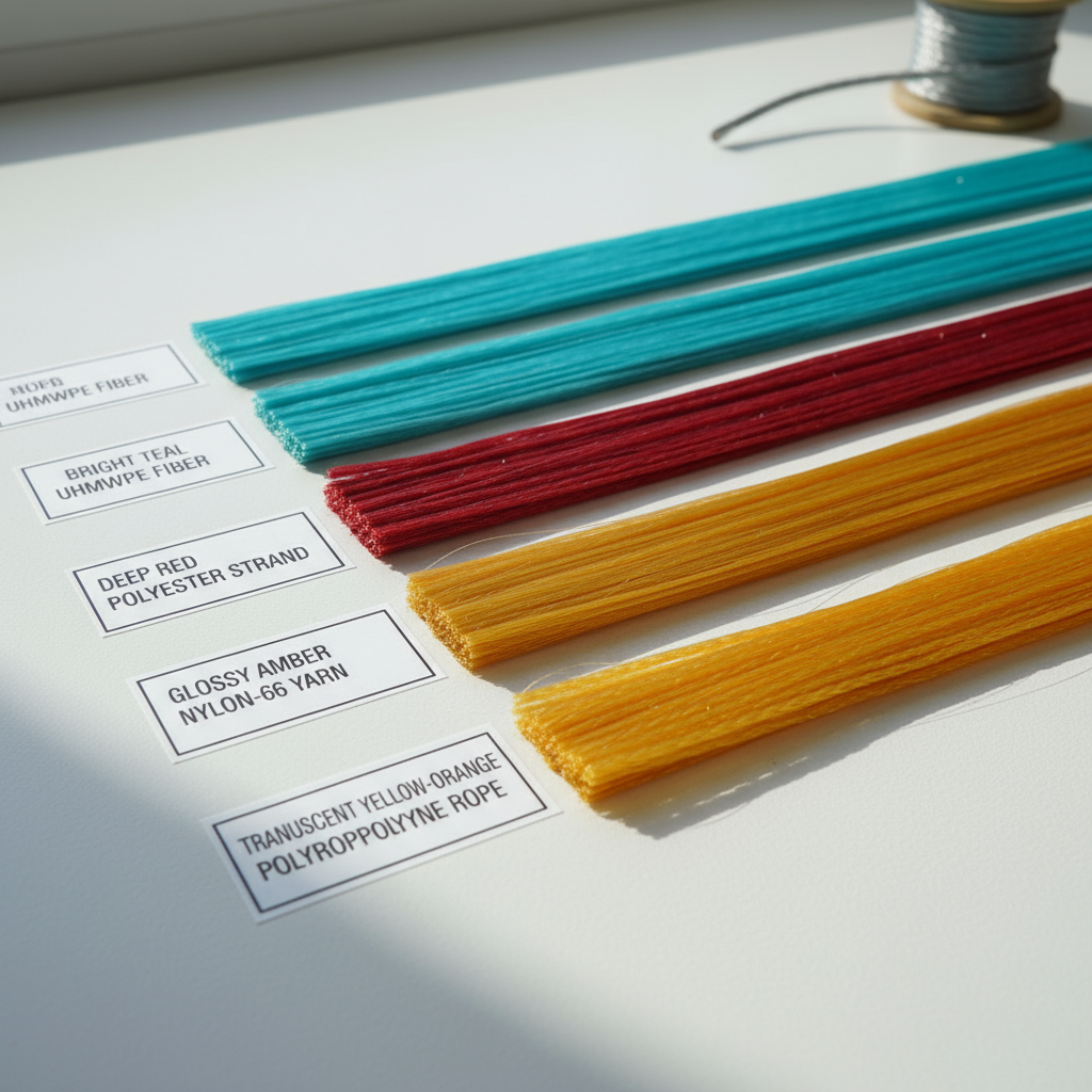 Close-up of various synthetic rope fibers laid side by side, showing distinct colors and textures of UHMWPE, polyester, nylon, and polypropylene