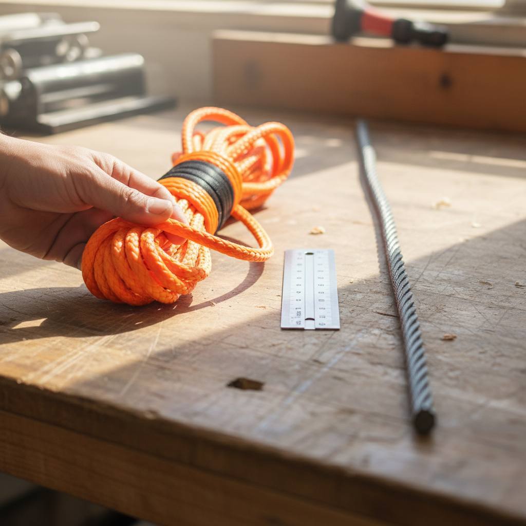Side-by-side comparison of a bright orange synthetic rope and a dark steel cable, highlighting flexibility and weight difference
