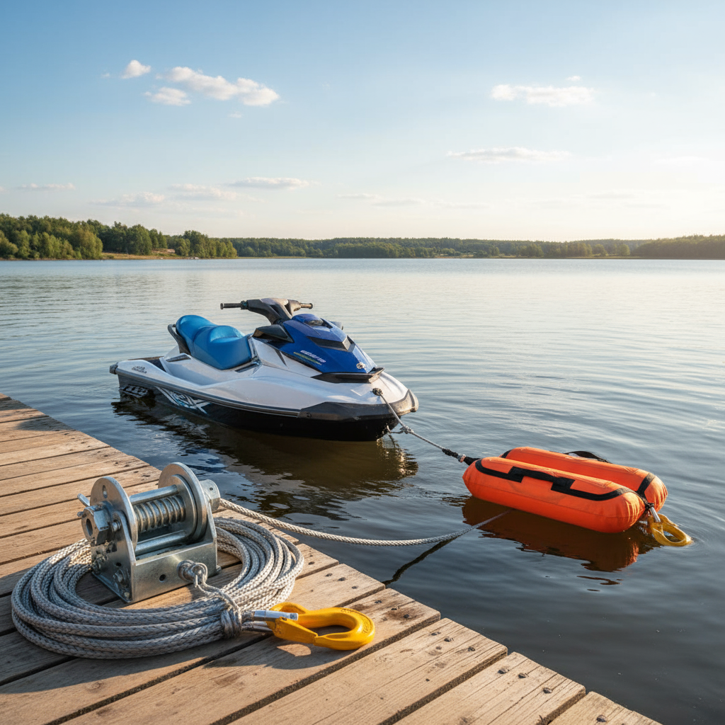 A bright-orange 2-person tube tow rope floating beside a jet ski, next to a steel-capped 2-inch industrial tow rope coiled on a winch platform