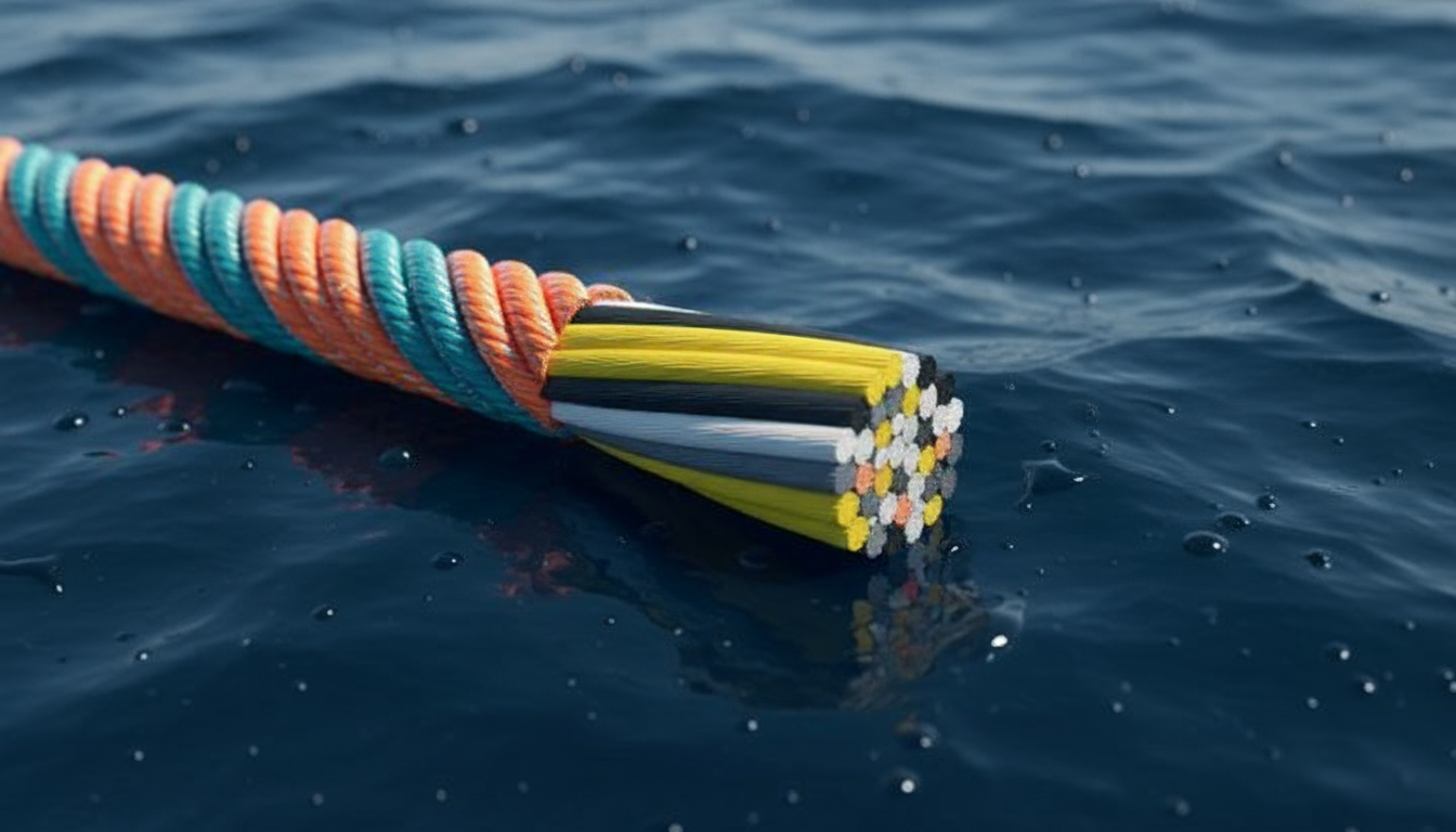 Cross‑section view of a double‑braid yacht rope showing the inner core and outer sheath fibers, highlighted against a deep‑blue marine backdrop