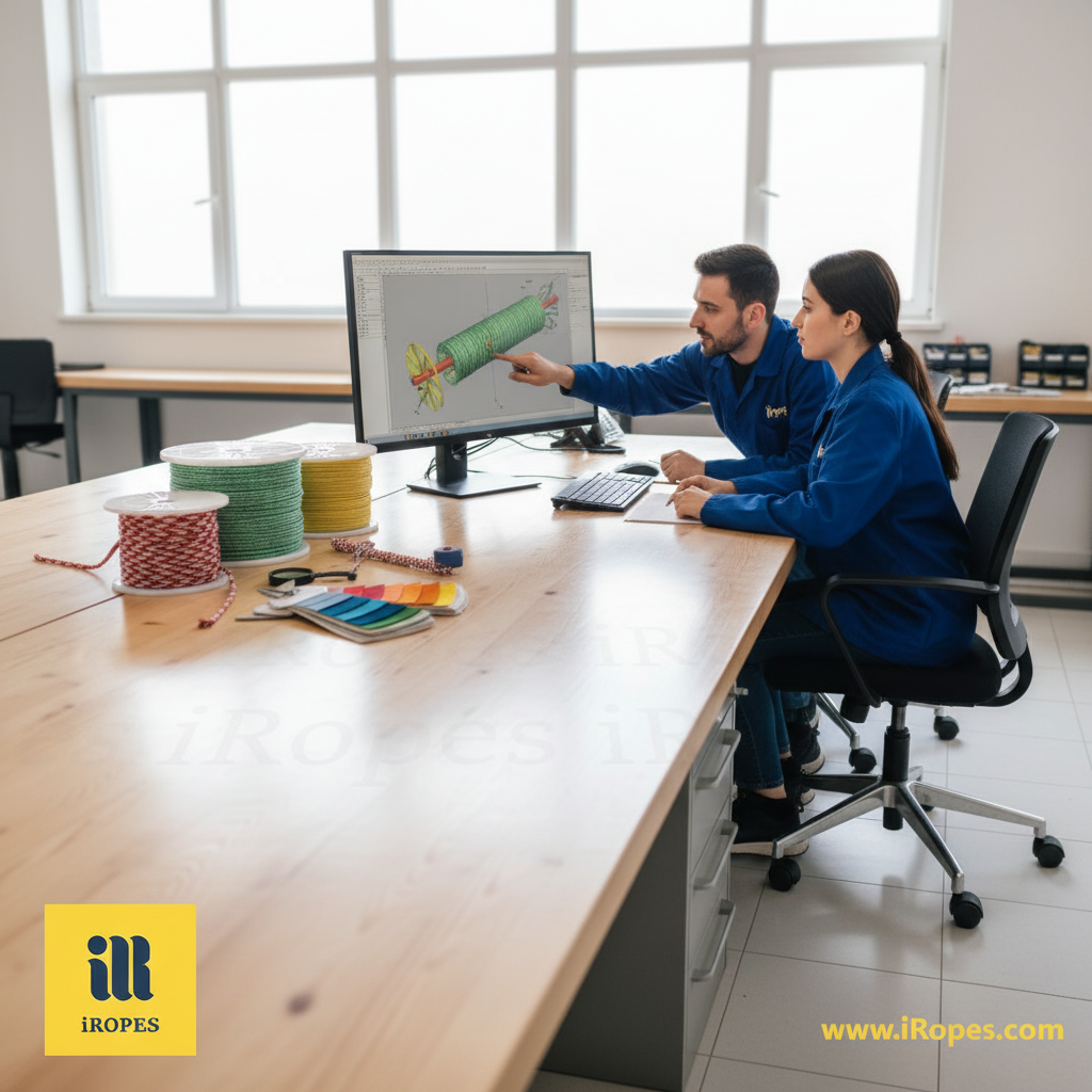 Skilled technicians at iRopes reviewing a custom-coloured braid on a computer-aided design screen, illustrating precision engineering and branding options