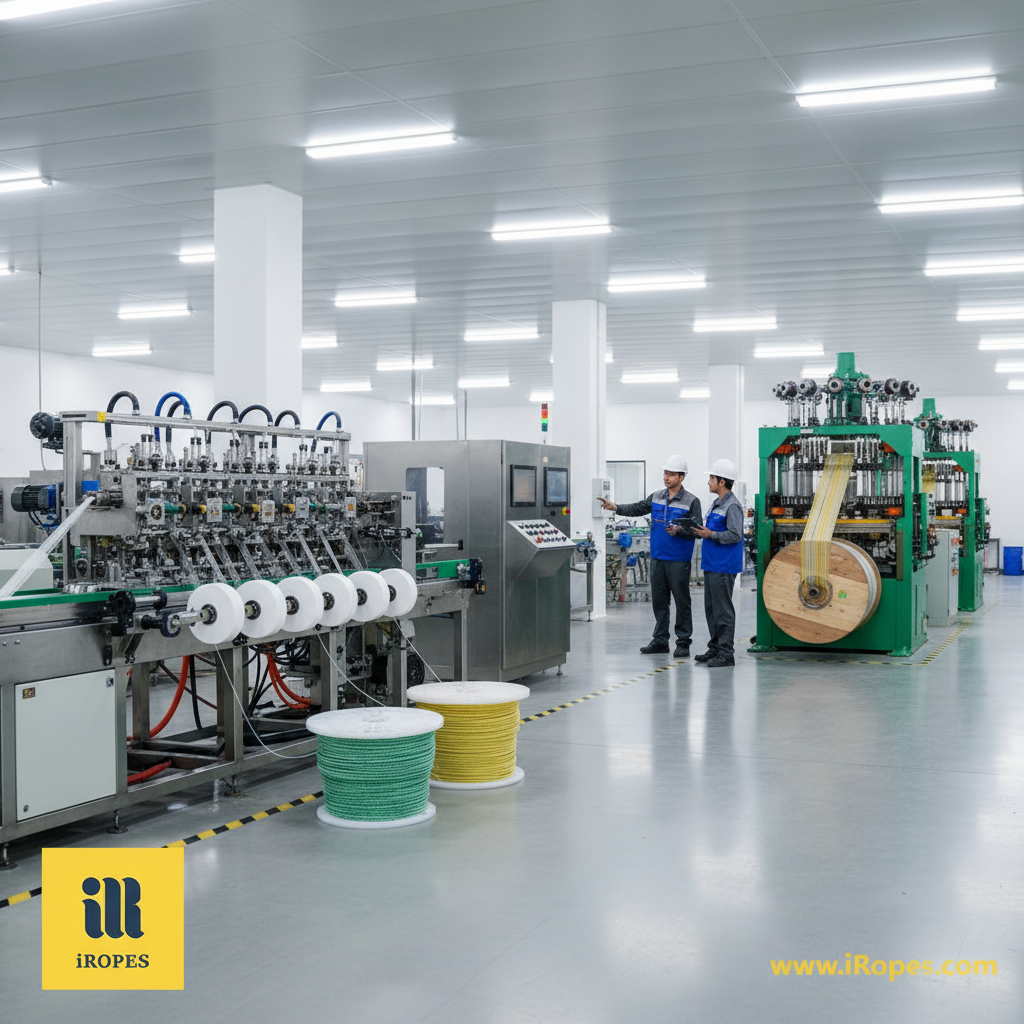 iRopes production line showing fiber extrusion, yarn winding and braiding machines in a modern factory