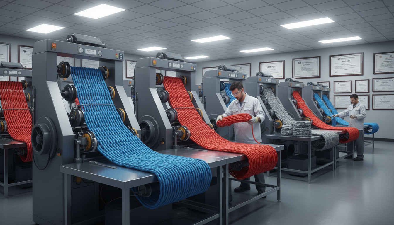 iRopes manufacturing floor showing automated braiding machines, skilled technicians inspecting rope bundles, and a wall of quality‑control certificates