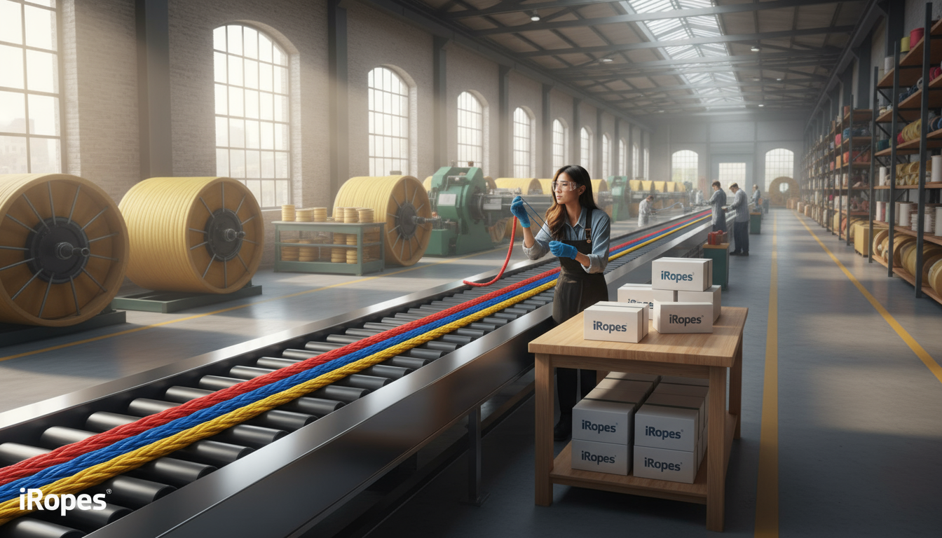 Custom-finished Technora rope on a factory line, showing colour-coded sheaths and branded packaging