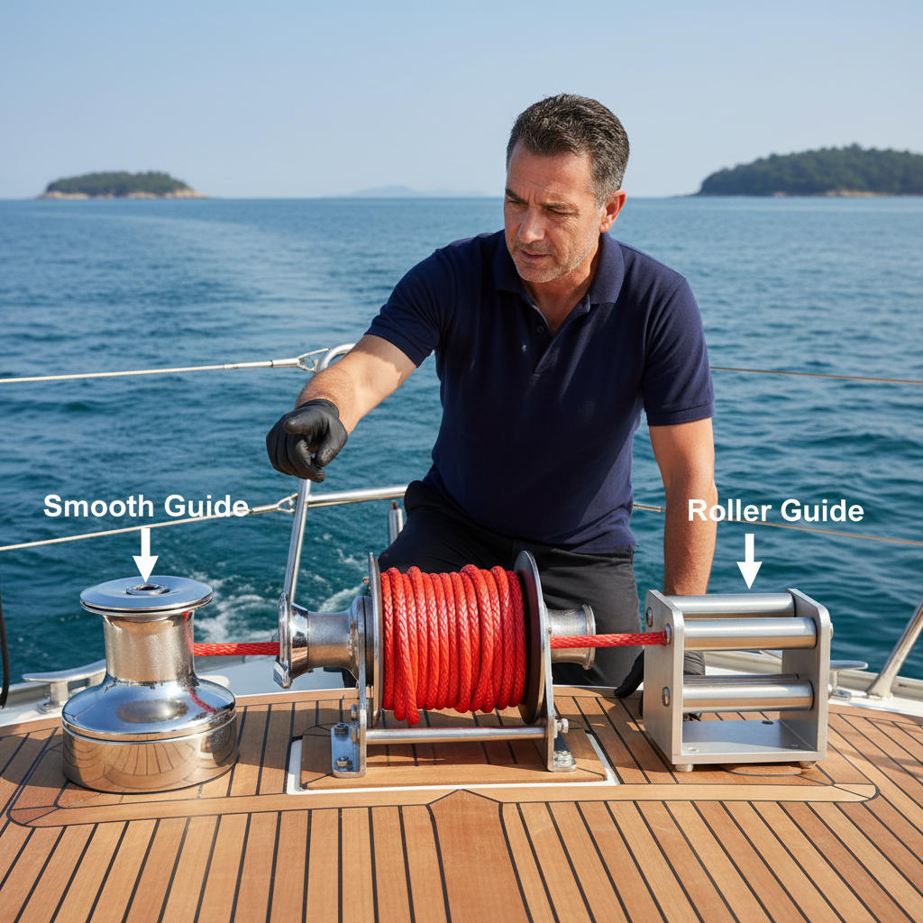 Diagram comparing a hawse fairlead and a roller fairlead, highlighting the smooth opening of the hawse design for synthetic winch rope