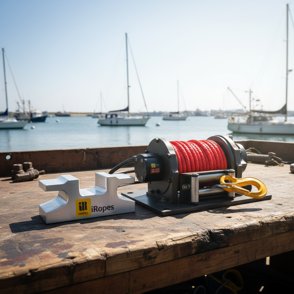 Custom aluminium hawse fairlead with optional colour finish and branding, displayed beside winch for synthetic rope