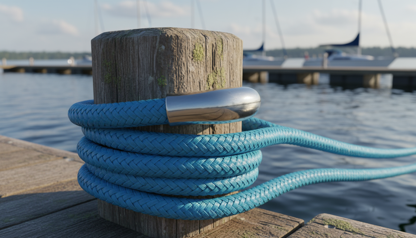 Close-up of a bright-blue nylon mooring rope secured to a dock cleat, showing the twisted strands and a stainless-steel thimble