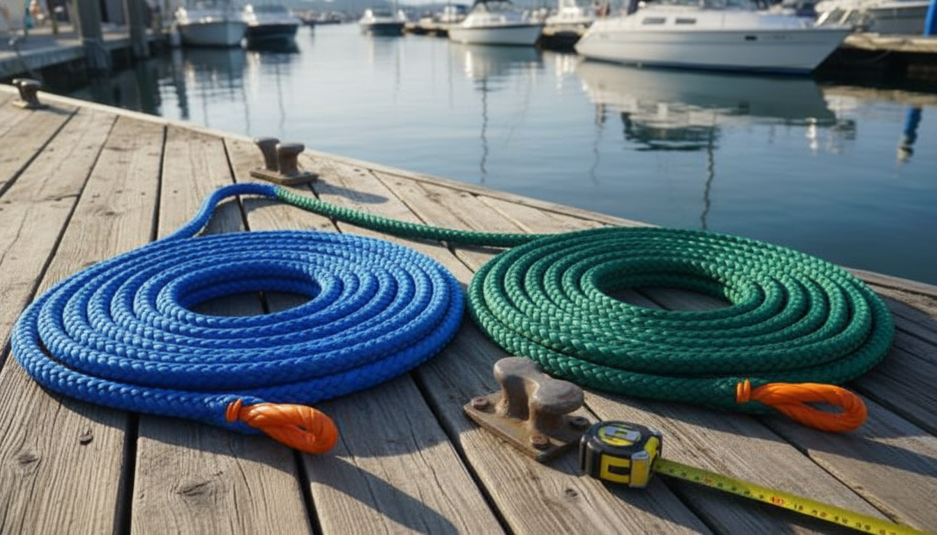 Side-by-side view of a bright-blue nylon mooring rope and a dark-green polyester mooring rope coiled on a dock, highlighting texture and colour contrast