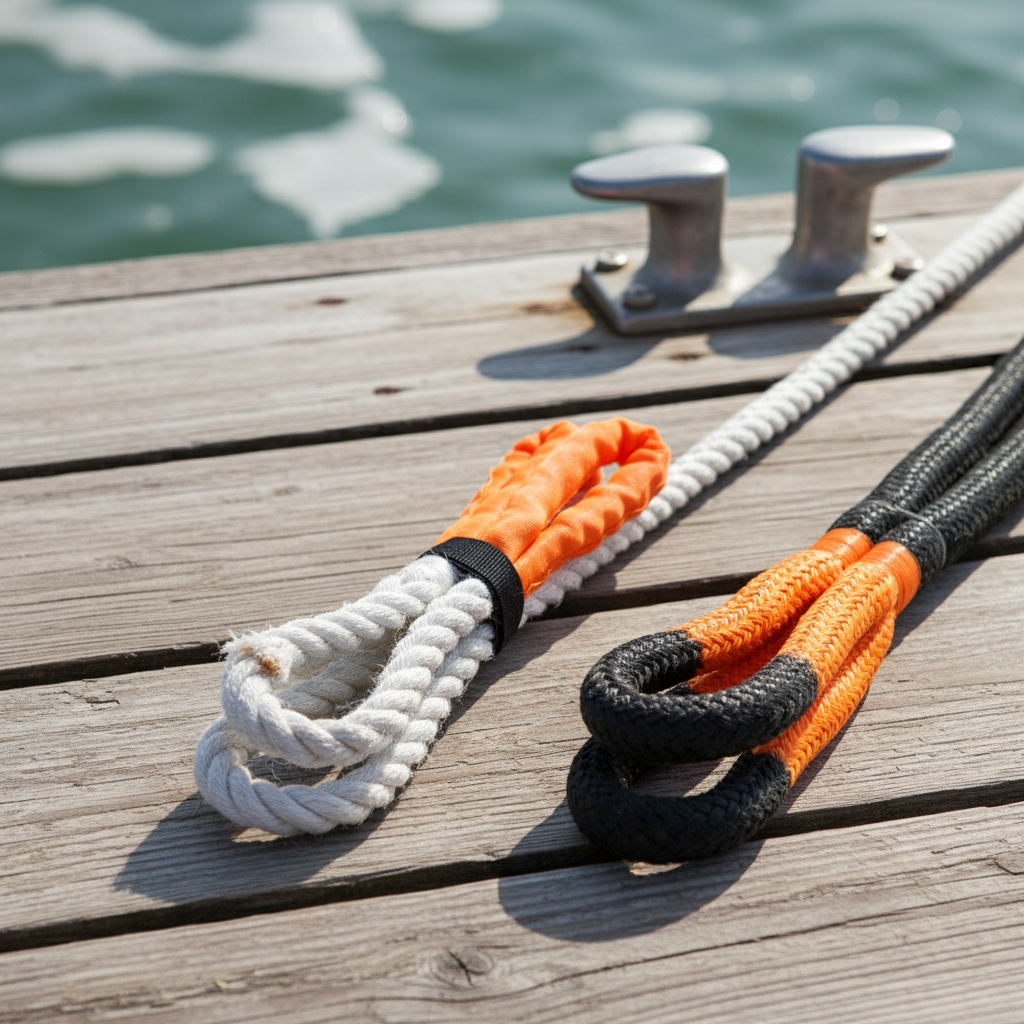Close-up of a 3-strand nylon mooring rope next to a double-braid nylon mooring rope, highlighting fibre twist and braid pattern