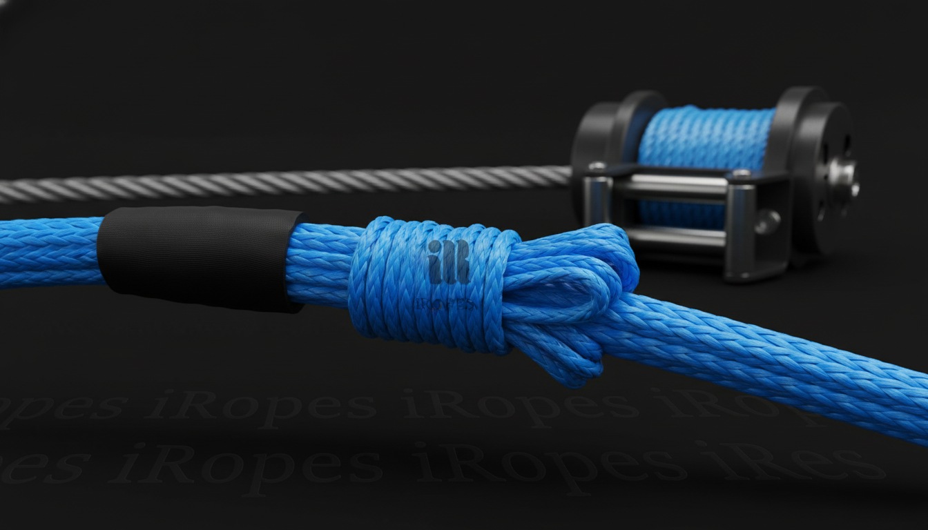 Close-up view of amsteel rope showing Dyneema fibers and braided construction, with bright blue strands against a dark background