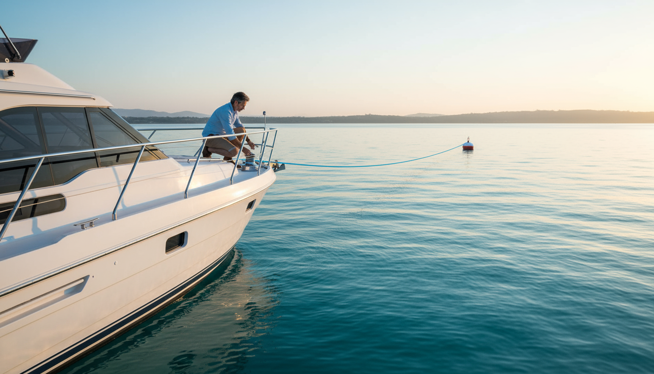 Amsteel cord used as a floating mooring line on a yacht, bright blue rope against sea horizon
