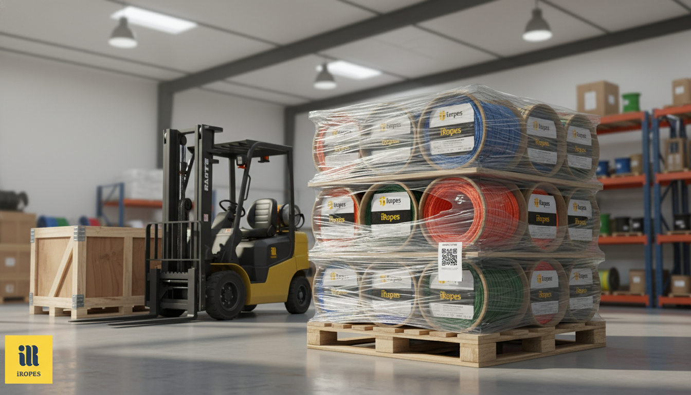 Spools of custom amsteel rope in various colours and diameters, each wrapped in branded packaging ready for pallet shipment
