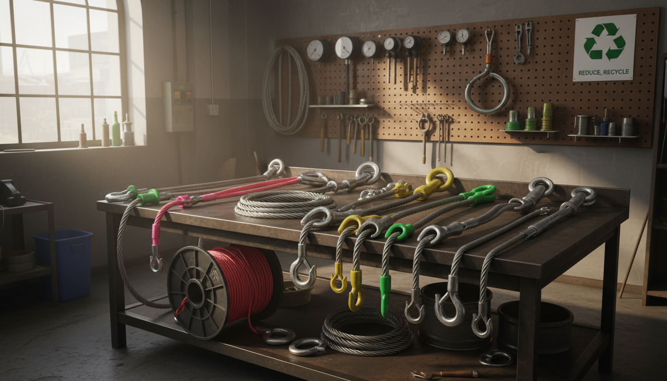 Array of wire rope slings displayed on a workshop table: single-part, braided, endless grommet, cable-laid, socketed, and multi-leg configurations, each with distinct eye terminations