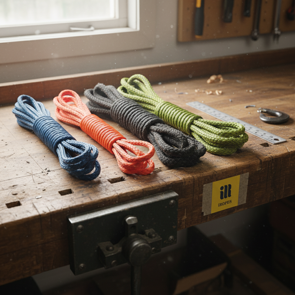 Close-up of synthetic winch line, cable-pulling rope, heavy-duty industrial rope and arborist bull rope arranged on a workbench